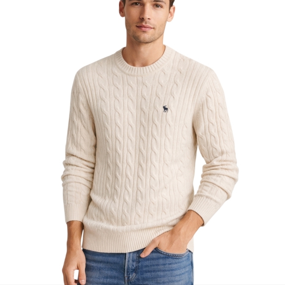 Abercrombie & Fitch Icon Cable Knit Sweater Mens M Cream Ivory Moose Logo Preppy